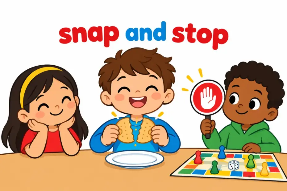 Cartoon children snap a biscuit in two and lower a stop sign at a table, showing break off in a sentence as detaching or halting.
