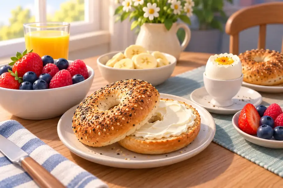 A breakfast table holds bagels, berries, banana slices, and a boiled egg.