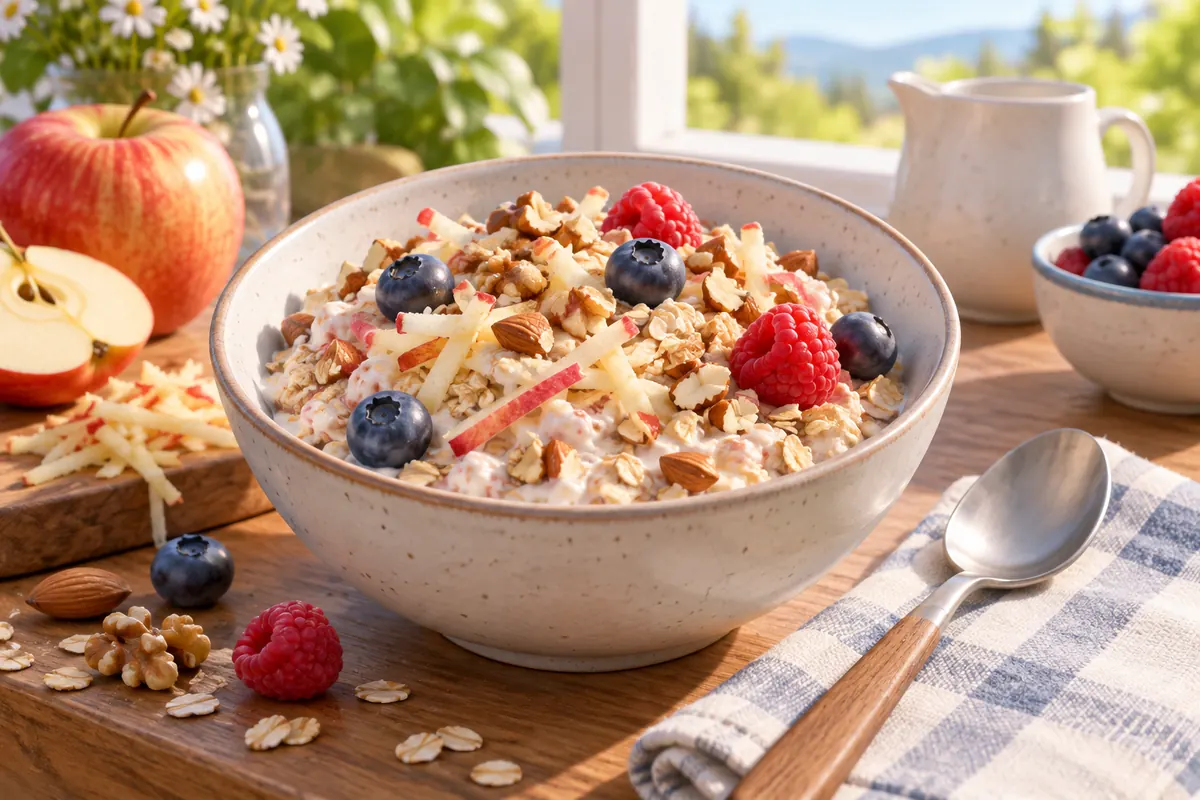 A bowl of Bircher muesli contains oats, grated apple, berries, and nuts.