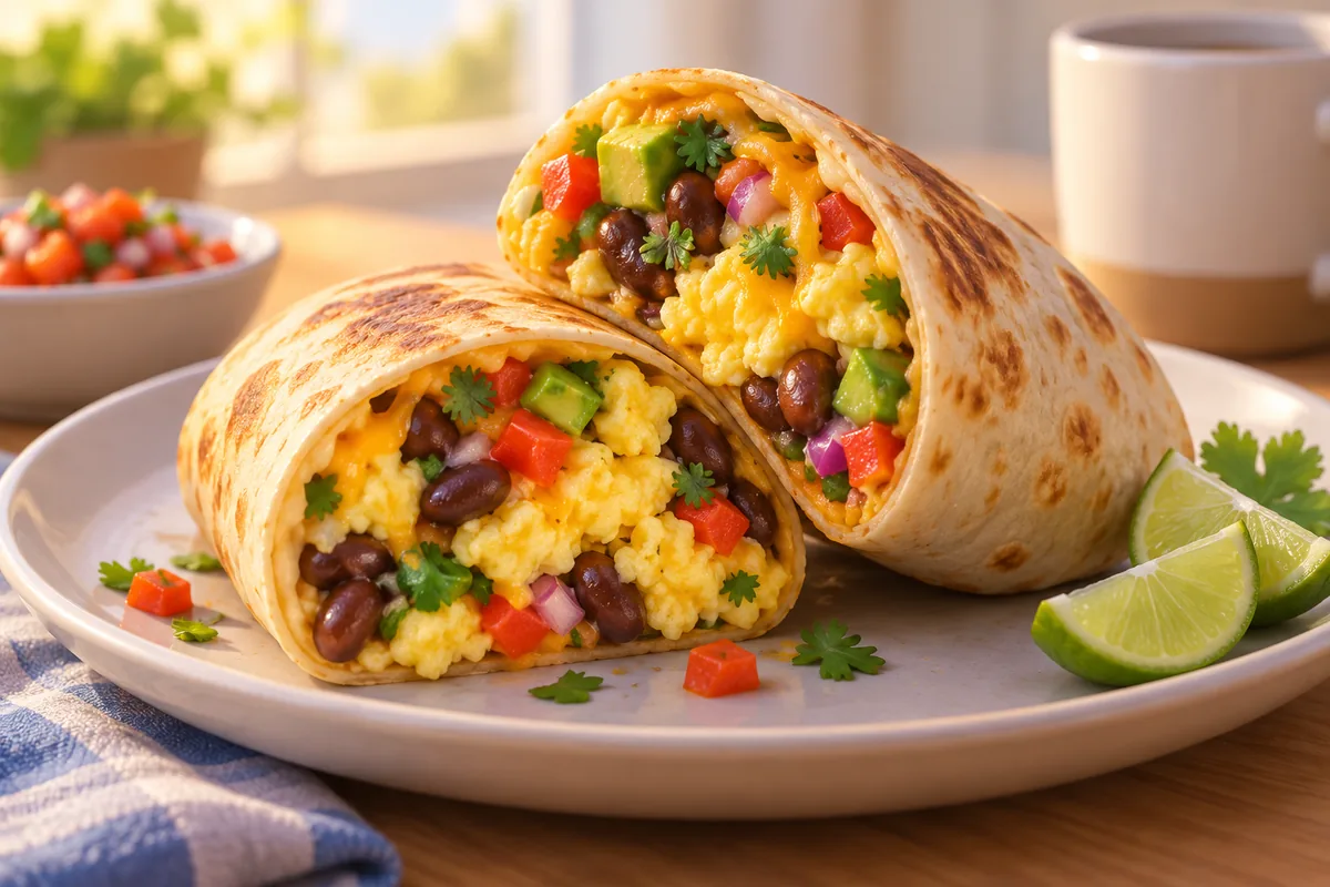 A breakfast burrito is cut open to show egg, beans, and vegetables inside.
