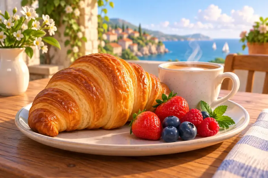 A breakfast plate holds a golden croissant beside a small cup and fresh berries.