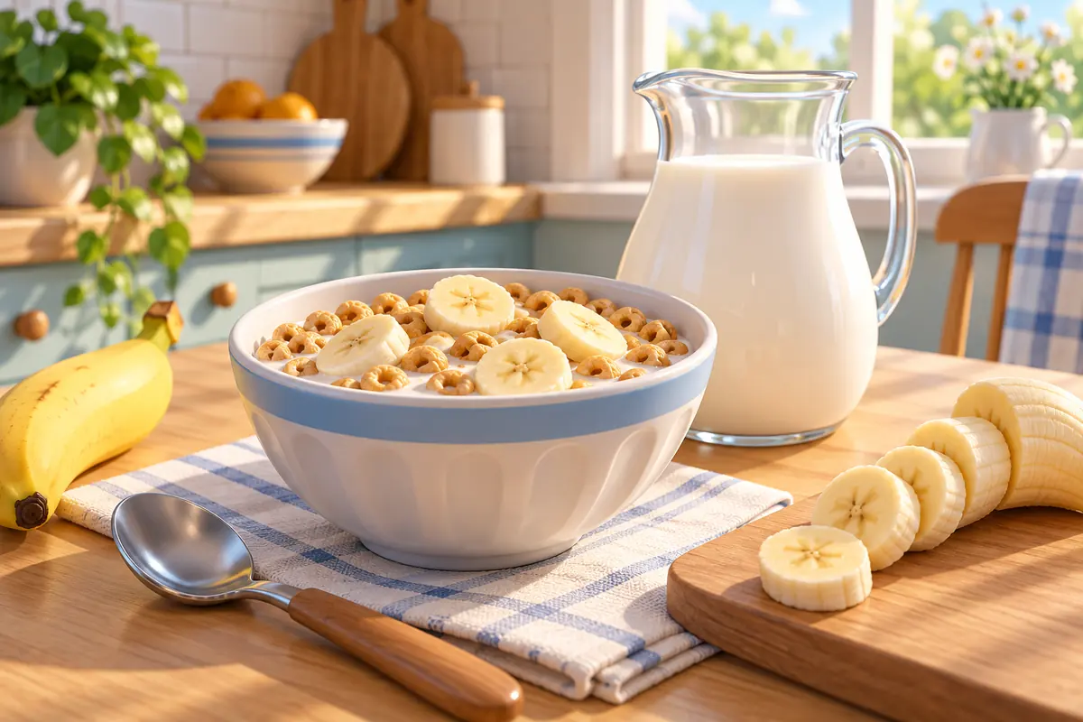 A bowl of cereal sits beside a milk jug and banana slices on a bright kitchen table.