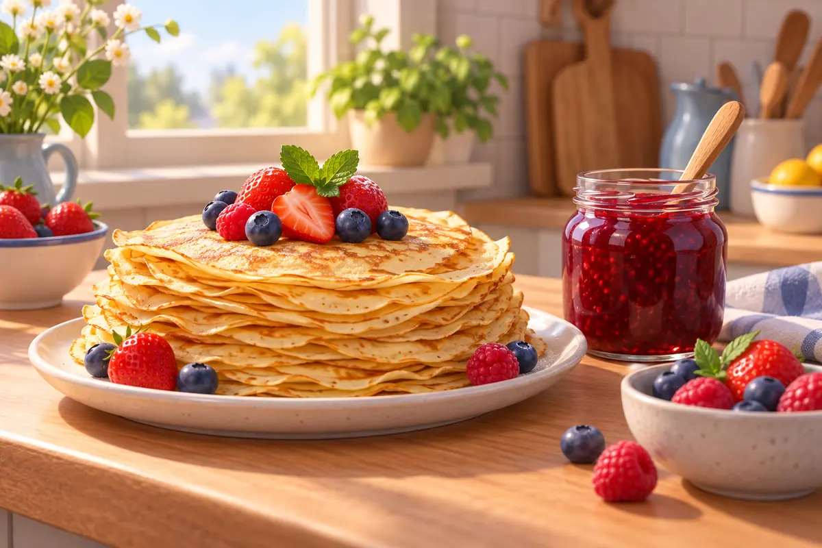 A stack of thin crepes with fruit rests beside a jar of jam on a breakfast counter.