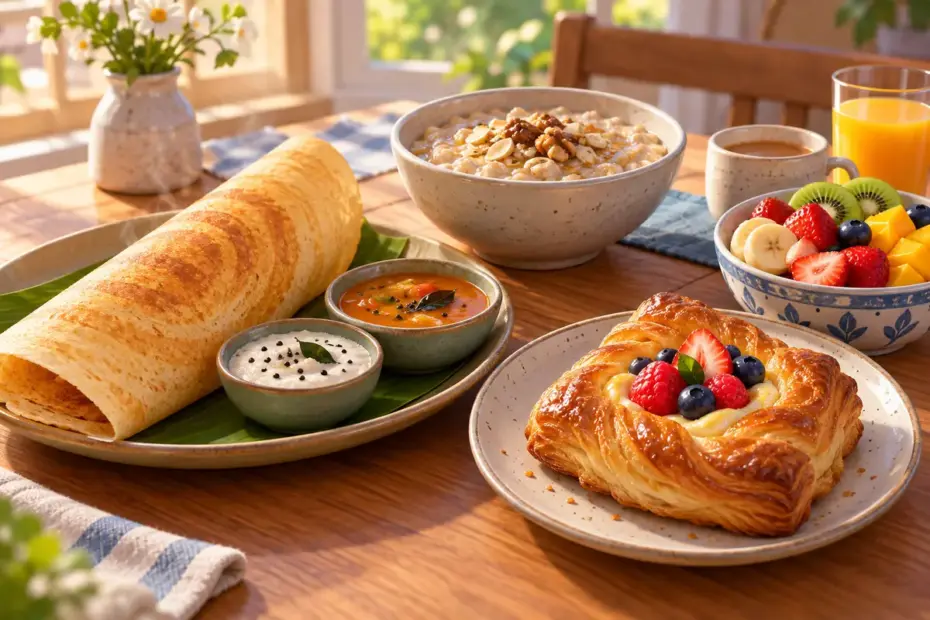 A breakfast table holds dosa, a Danish pastry, cracked-wheat porridge, fresh fruit, and a Dutch baby pancake.