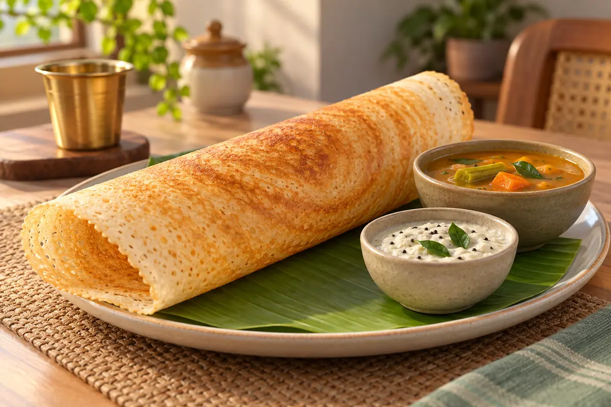 A crisp dosa is served with small bowls of chutney and sambar on a breakfast plate.