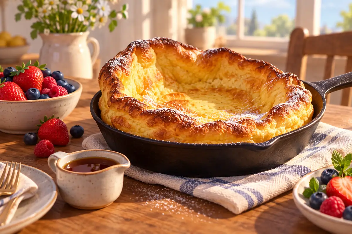 A golden Dutch baby pancake rises in a skillet beside berries and a small dish of syrup.