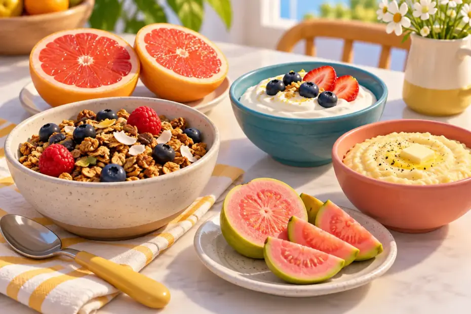 Granola, grapefruit, Greek yogurt, grits, and guava arranged as breakfast choices.