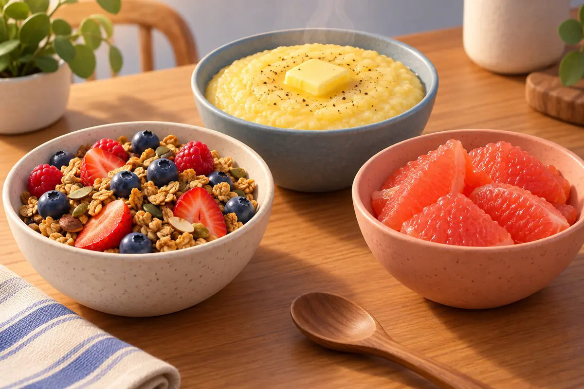 Granola, grits, and grapefruit shown in three separate breakfast bowls.
