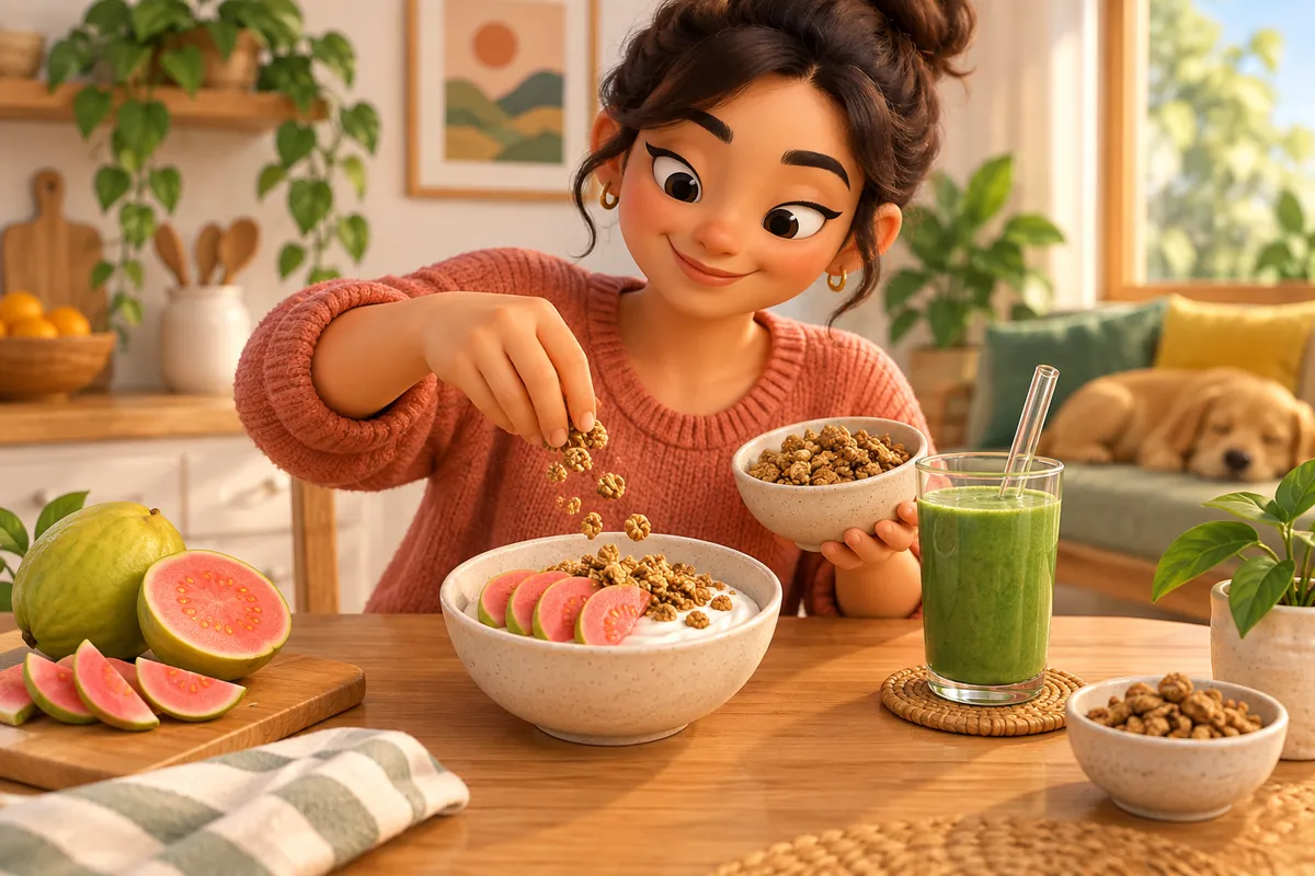 A person serves Greek yogurt, guava, granola, and a green smoothie for breakfast.