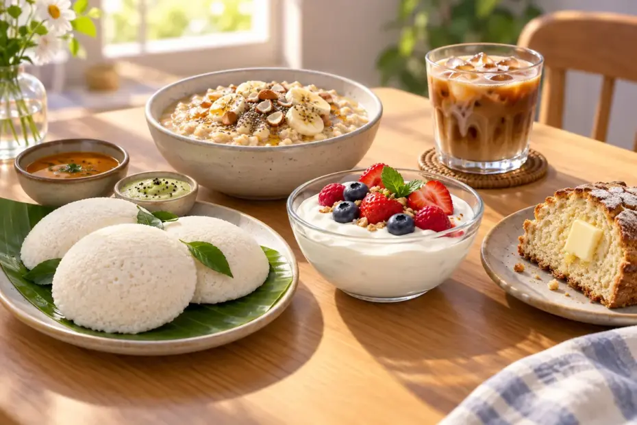 A breakfast spread with idli, oatmeal, skyr, soda bread, and a small cup of iced coffee.