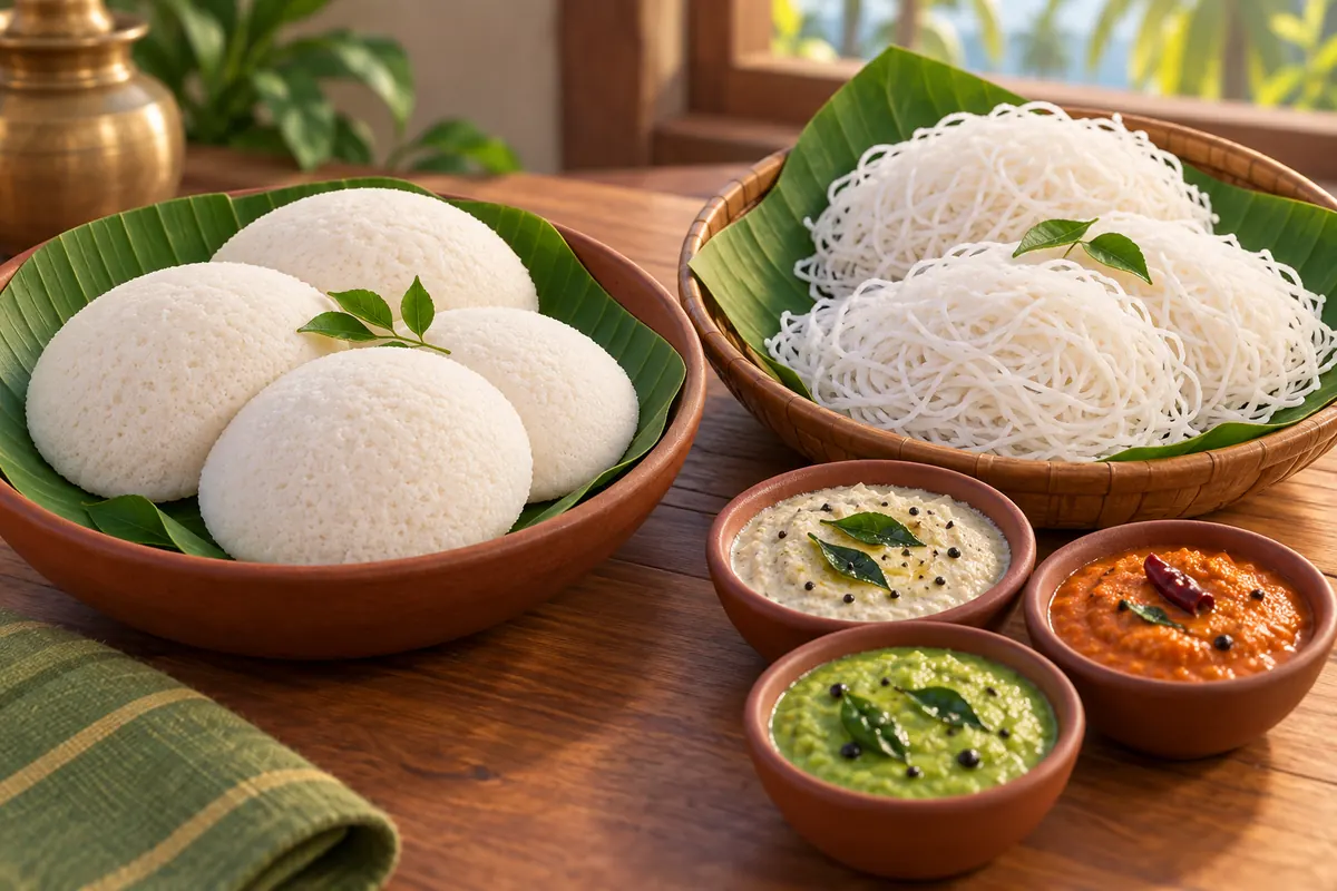 Steamed idli cakes and idiyappam rice noodles sit with small bowls of chutney and coconut accompaniment.