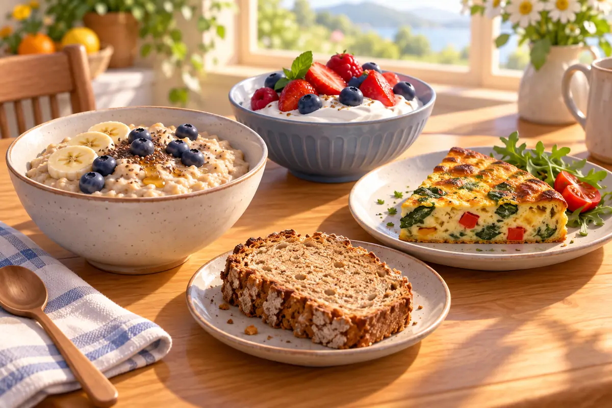 A bowl of Icelandic-style skyr with berries and oats sits beside toasted Irish soda bread.