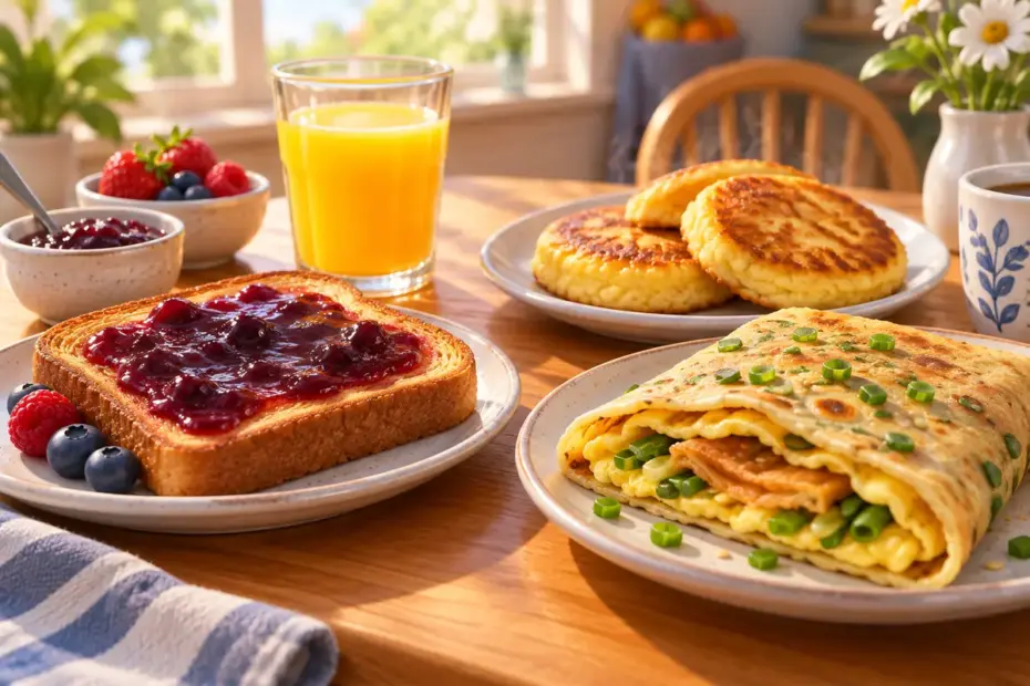 A breakfast table holds jam on toast, a glass of juice, golden johnnycakes, and a folded savory jianbing.