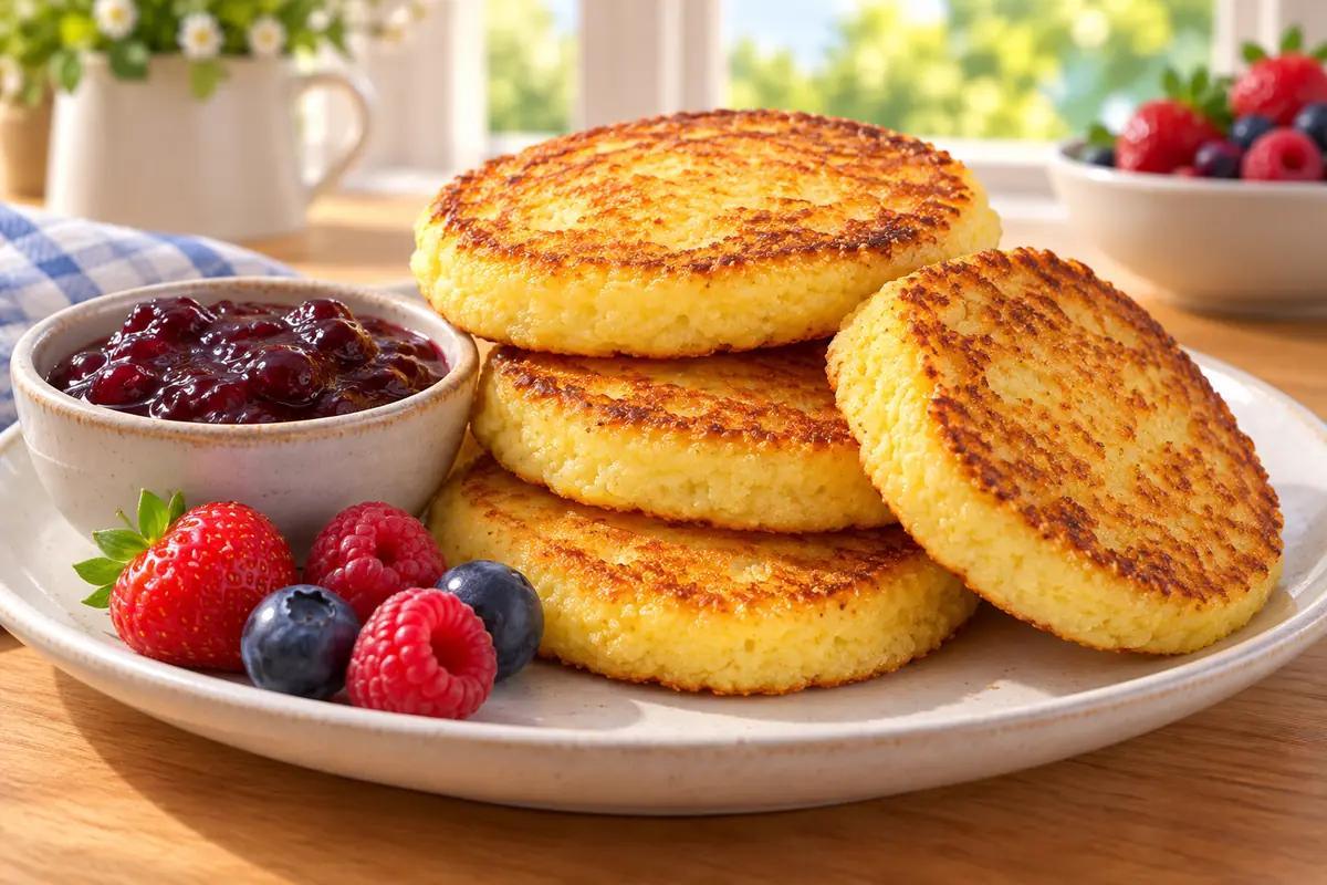 Golden cornmeal johnnycakes are served with a small bowl of fruit jam and fresh berries at breakfast.