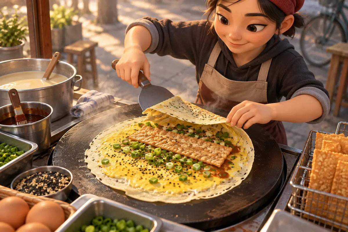 A cook spreads batter on a hot griddle for jianbing, adding egg, scallions, and a crisp cracker before folding it.