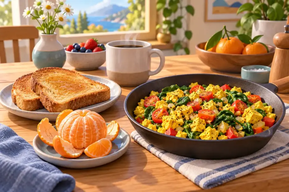 Toast, a tangerine, and tofu scramble form a colorful breakfast arrangement.