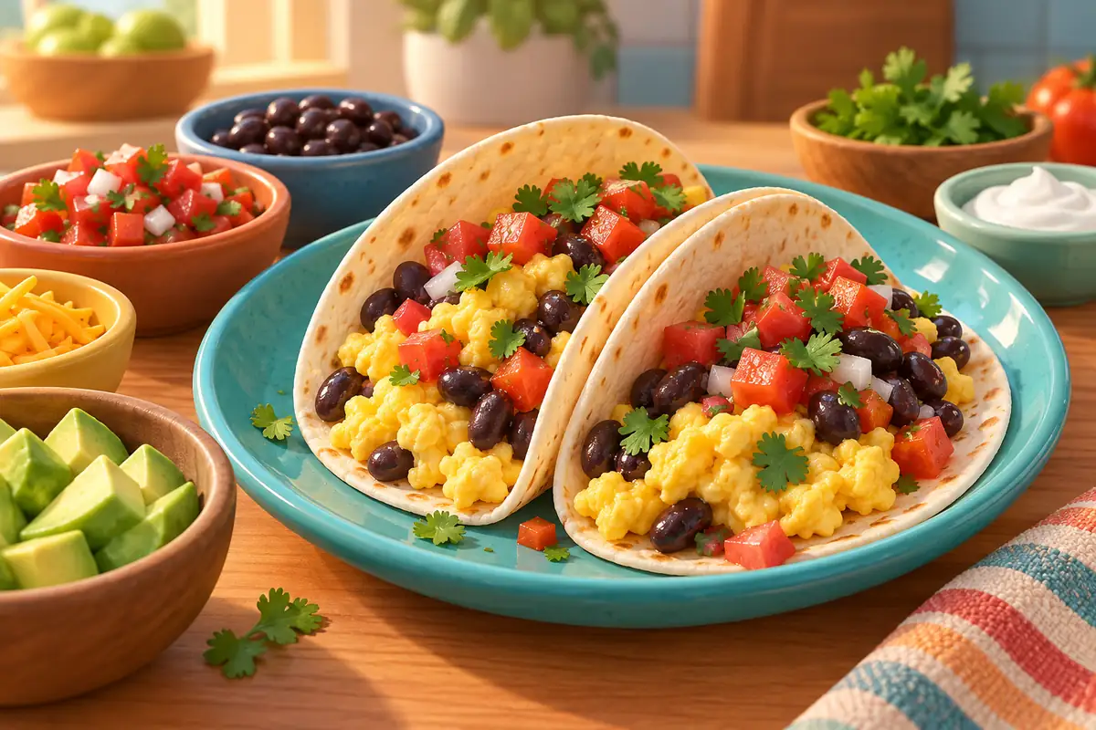 Two breakfast tacos hold eggs, beans, and tomatoes.