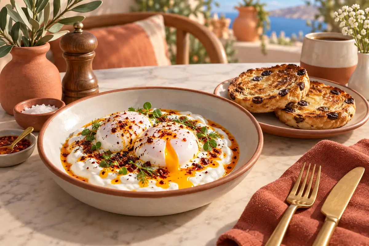 Turkish-style eggs and toasted fruit teacakes on a brunch table.