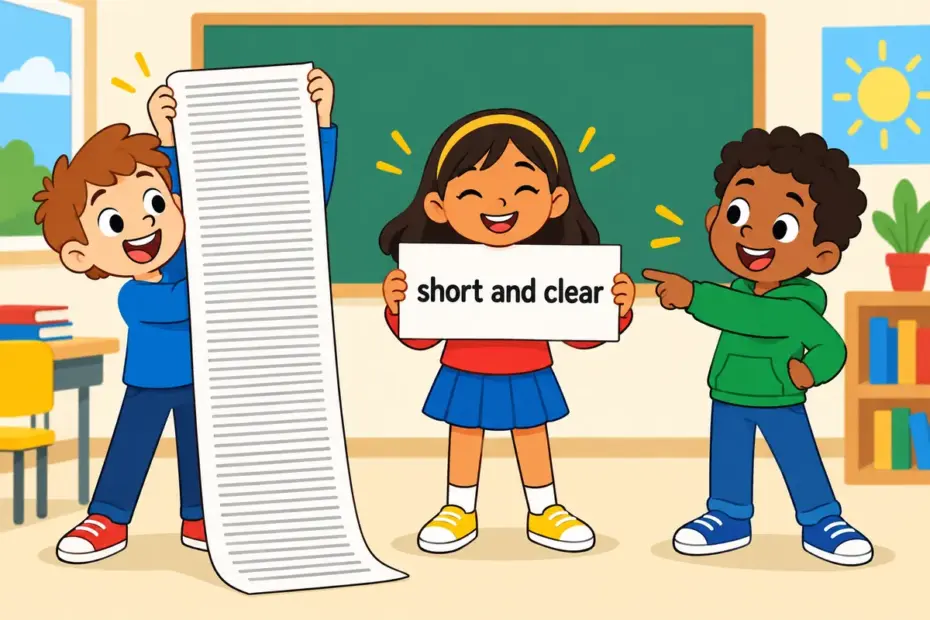 Cartoon pupils compare a long paragraph with a one-line sign, showing brevity in a sentence as short clear writing.