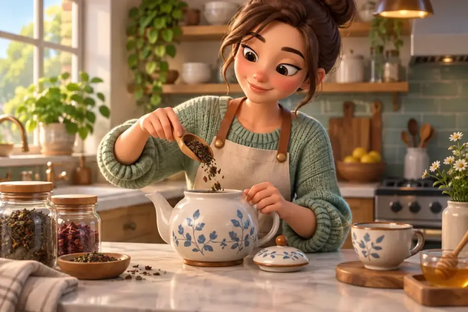 A person prepares tea in a teapot at a kitchen counter.