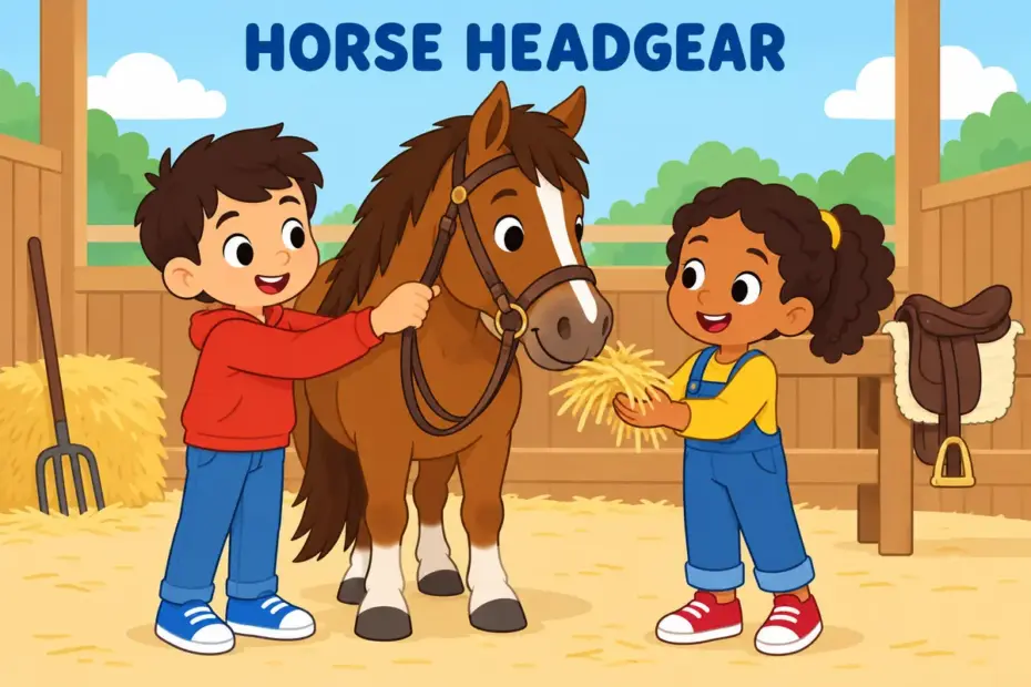 Cartoon children fit a leather headpiece on a friendly pony, showing bridle in a sentence as the gear that controls a horse.
