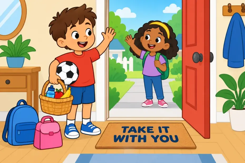 Cartoon children head out with a basket and a ball, showing bring along in a sentence as taking things with you.