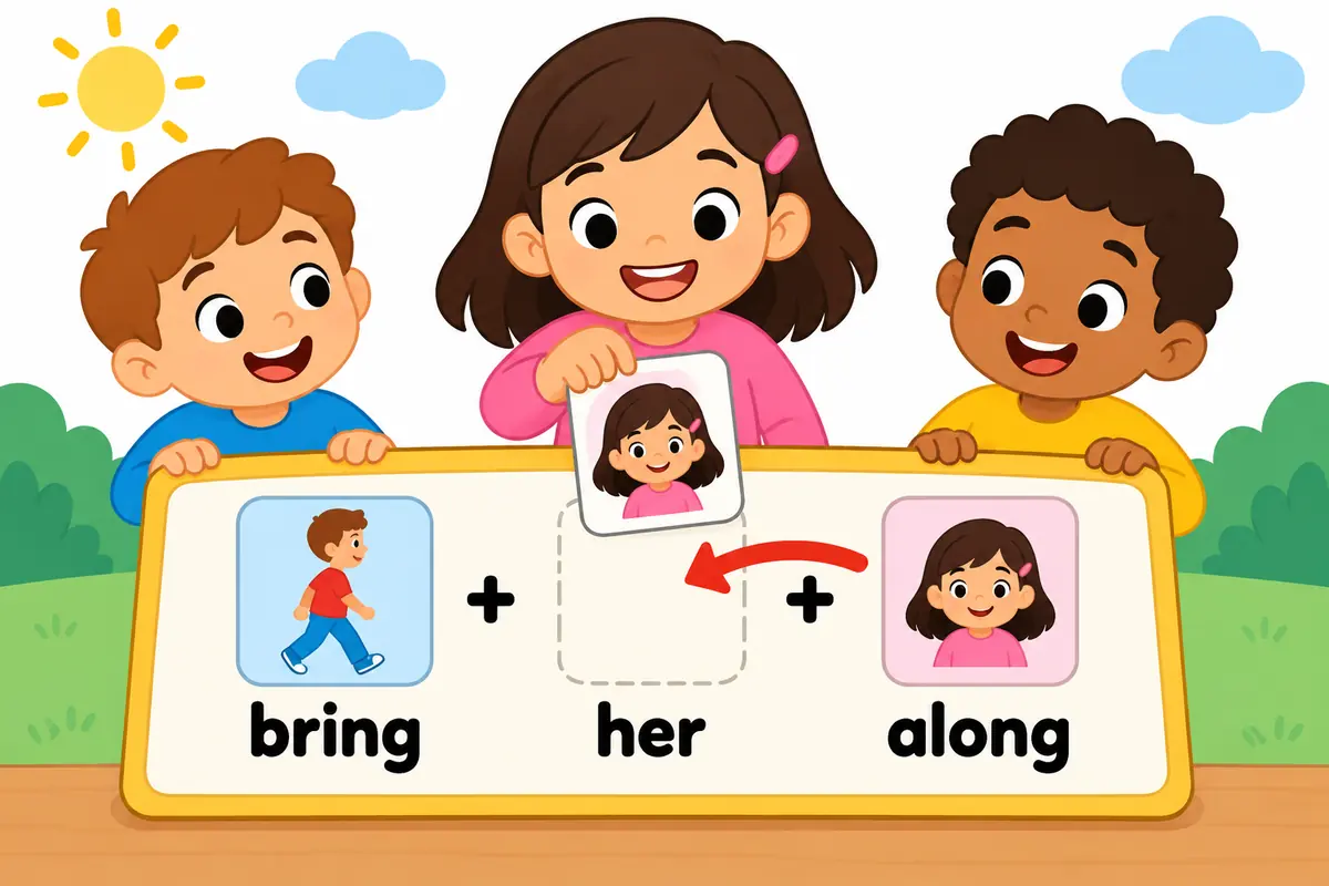 Cartoon children carry a picnic basket and a bat, showing the movable particle of bring along.