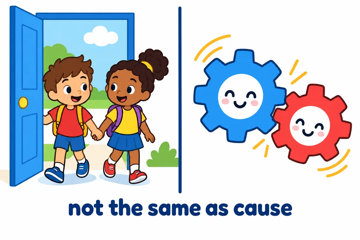 Cartoon twins hold matching word cards, one showing a child entering a door and one showing a spinning gear.