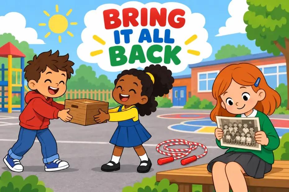 Cartoon children return a borrowed box, restart an old game and study a photo, showing bring back in a sentence.