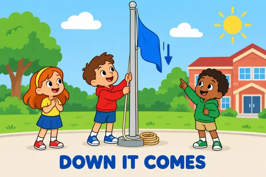 A cartoon child lowers a heavy flag on a rope to the ground, showing bring down in a sentence as making something fall.