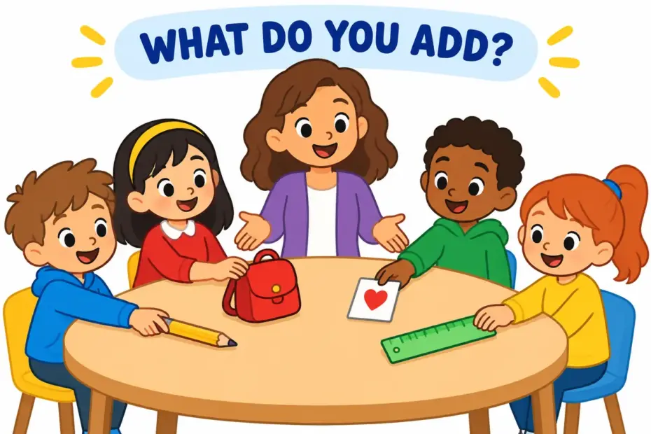 Cartoon team places tools and ideas on a shared table, showing bring to the table in a sentence as contributing value.