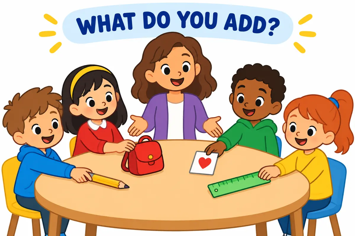 Cartoon team places tools and ideas on a shared table, showing bring to the table in a sentence as contributing value.