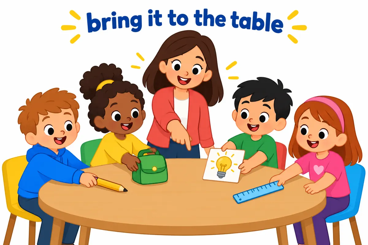 A cartoon team places tools and ideas onto a shared table, showing that the contribution sits between bring and to the table.