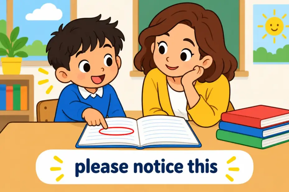 Cartoon pupil politely shows a teacher a page with a circled line, illustrating bring to your attention in a sentence.