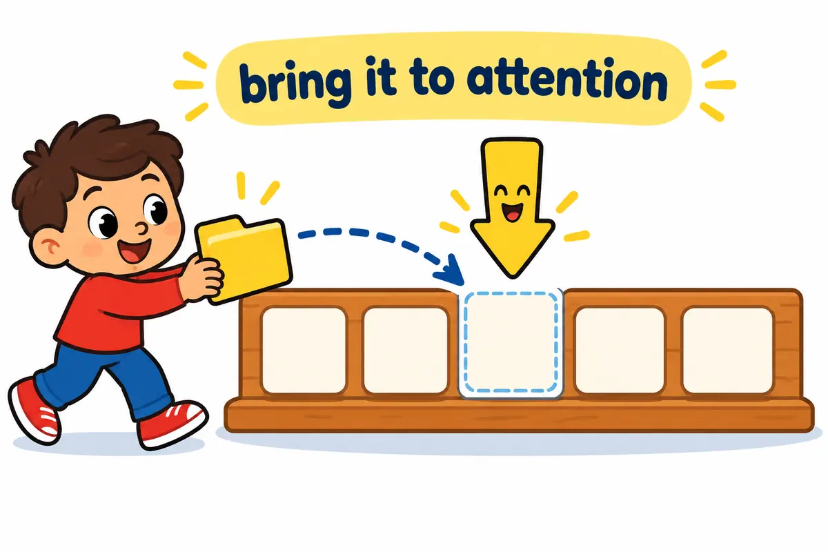 A cartoon child slides a small folder along a dotted path into the middle of a fixed phrase on a board.
