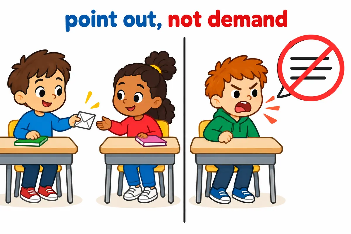 A cartoon split scene contrasts a calm note passing between two desks with an angry shouting child beside a crossed-out speech bubble.