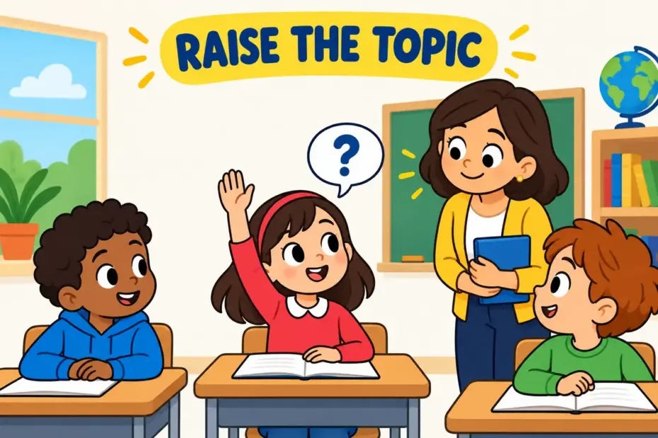 A cartoon pupil raises a hand to bring up an idea in class, showing bring up in a sentence as raising a topic.