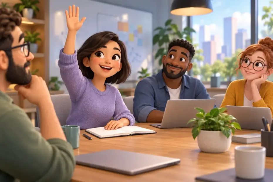 A meeting participant raises a hand beside an open blank notebook.