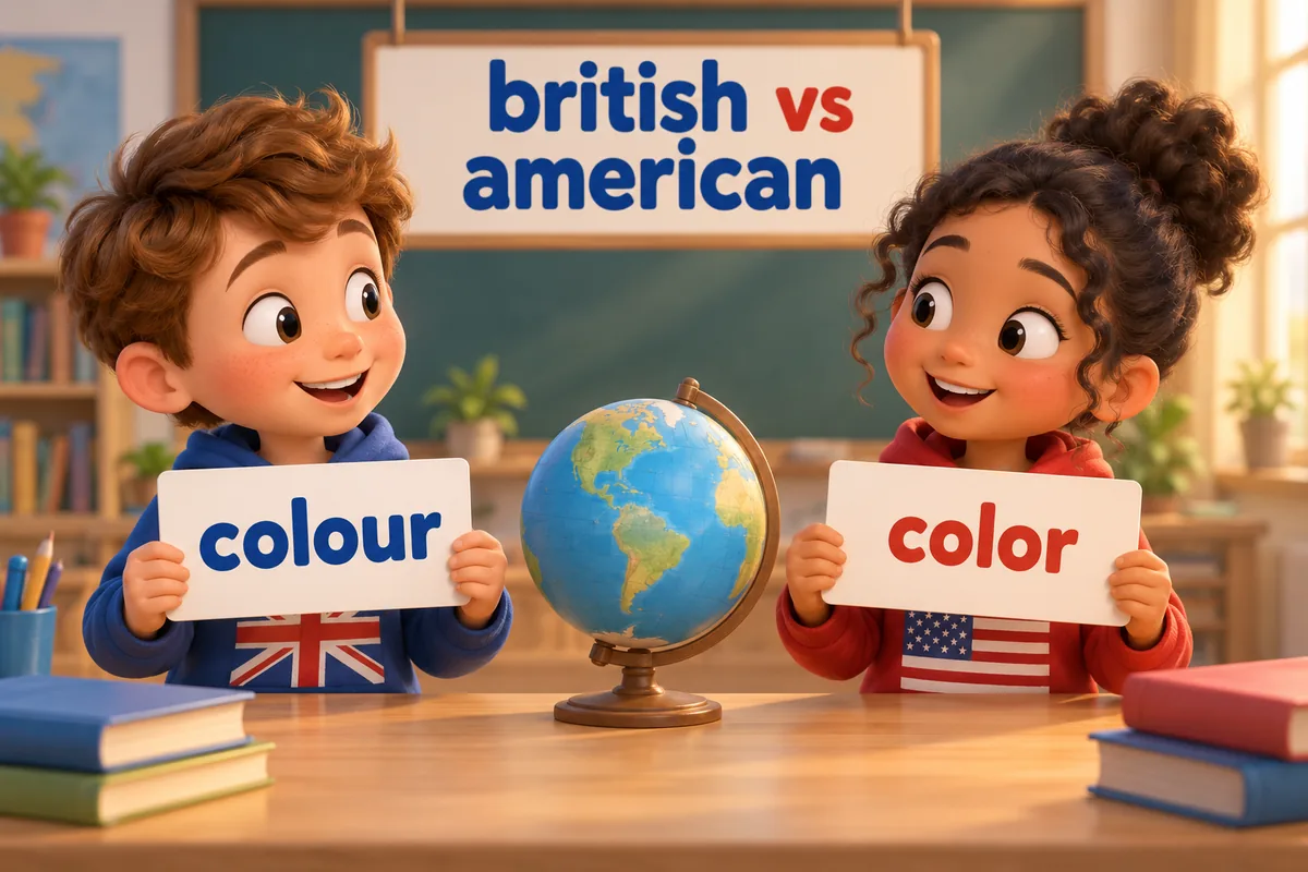Cartoon children line up word cards for british vs american words with pdf, showing colour beside color.
