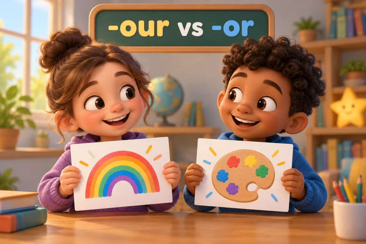 Two cartoon children compare word cards, one card reading colour and the other color.