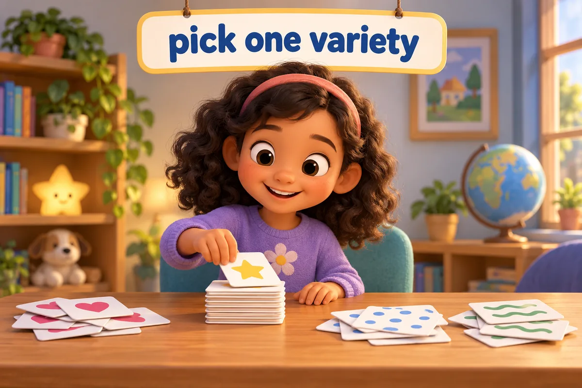 A cartoon child sorts word cards into a single tidy pile to keep one spelling style.