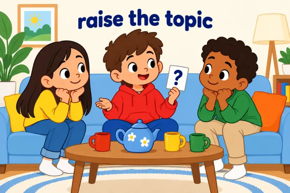 Cartoon friends listen as one child gently raises a card, showing broach in a sentence as opening a delicate subject.