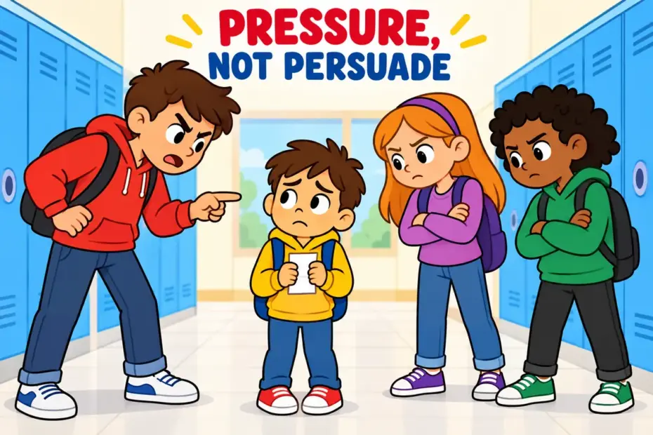 Cartoon pupils crowd a nervous classmate into handing over a note, showing browbeat in a sentence as pressure rather than persuasion.