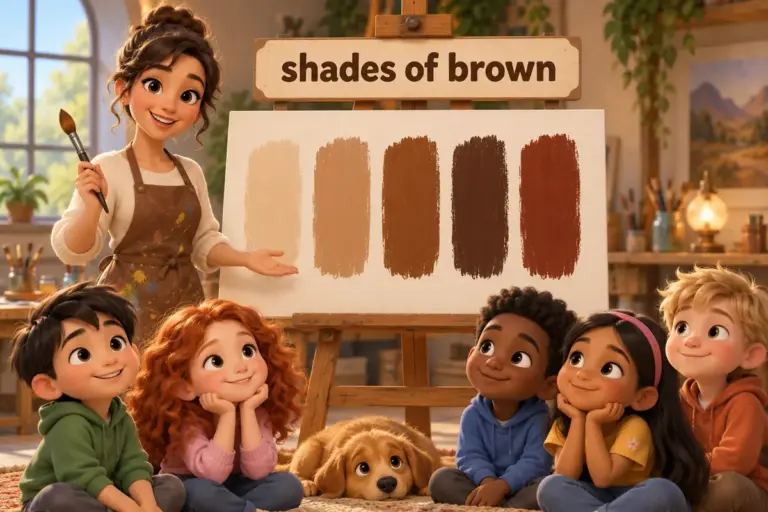 Cartoon brown color names in english chart shows beige, tan, chestnut, chocolate and russet swatches in a row.