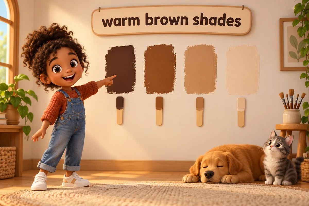 Cartoon swatches show chocolate, chestnut, tan and beige browns in a row.