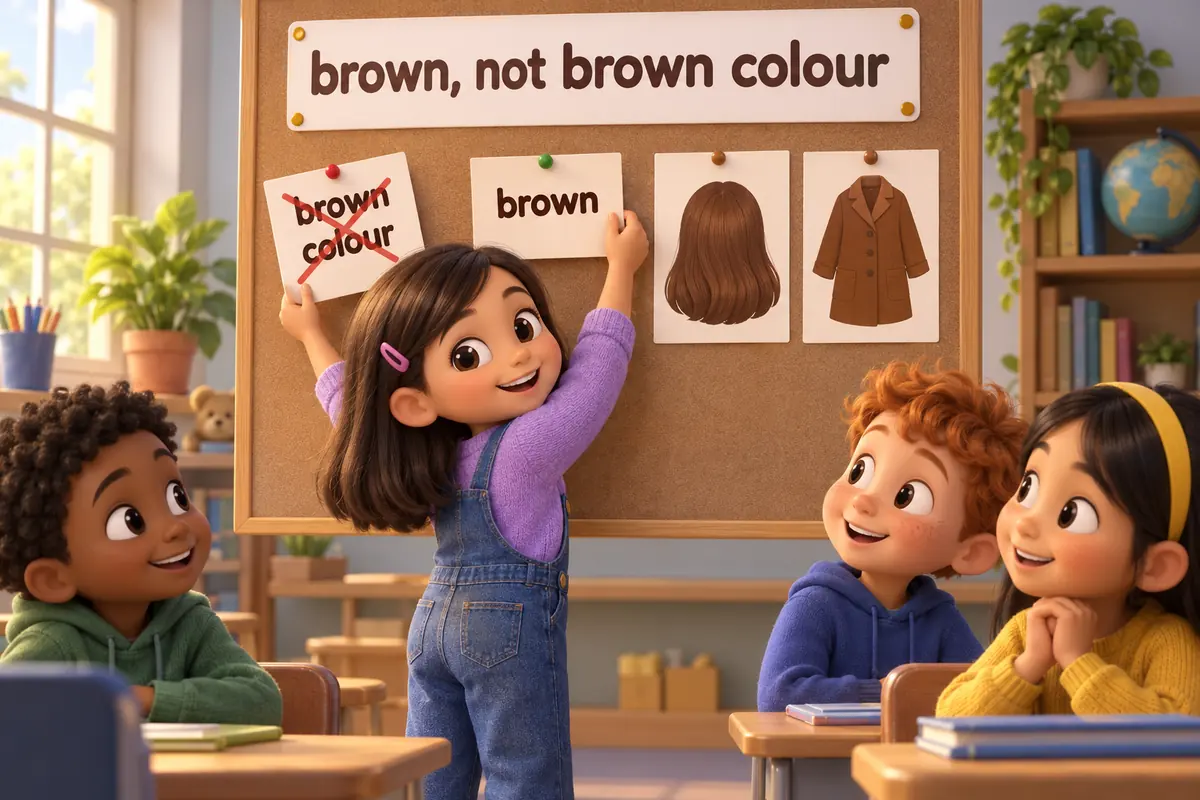 A cartoon child swaps a card reading brown colour for brown on a display.