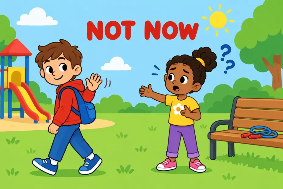 Cartoon child turns away from a classmate who is asking a question, showing brush off in a sentence.