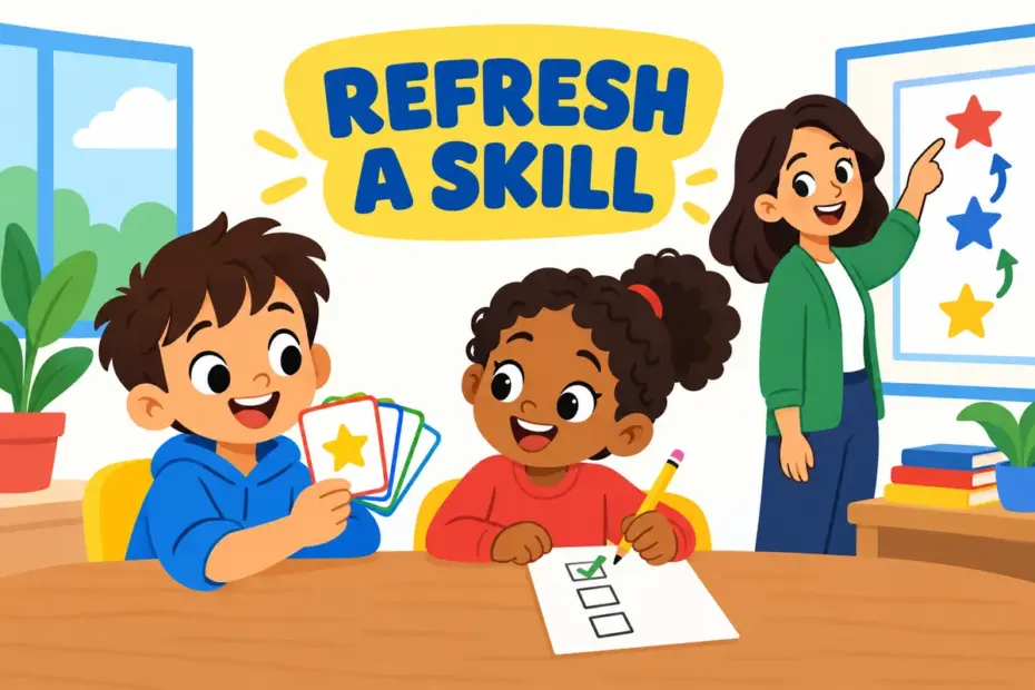 Cartoon children revise flashcards before a test, showing brush up in a sentence as refreshing a skill you already know.