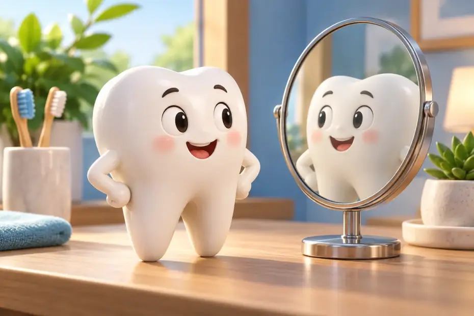 A plain dental tooth model stands beside a mirror on a clean desk.
