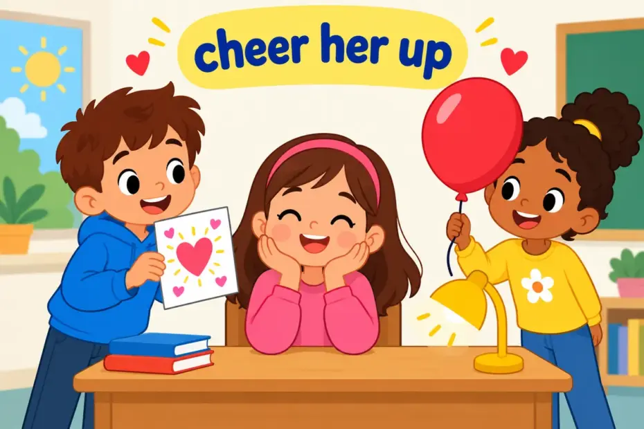 Cartoon friends surprise a gloomy child with a bright card and balloons, showing buck up in a sentence as lifting someone s mood.